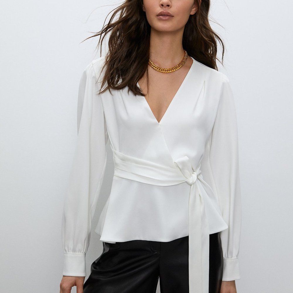 Babaton White Wrap-Style Long Sleeve Blouse